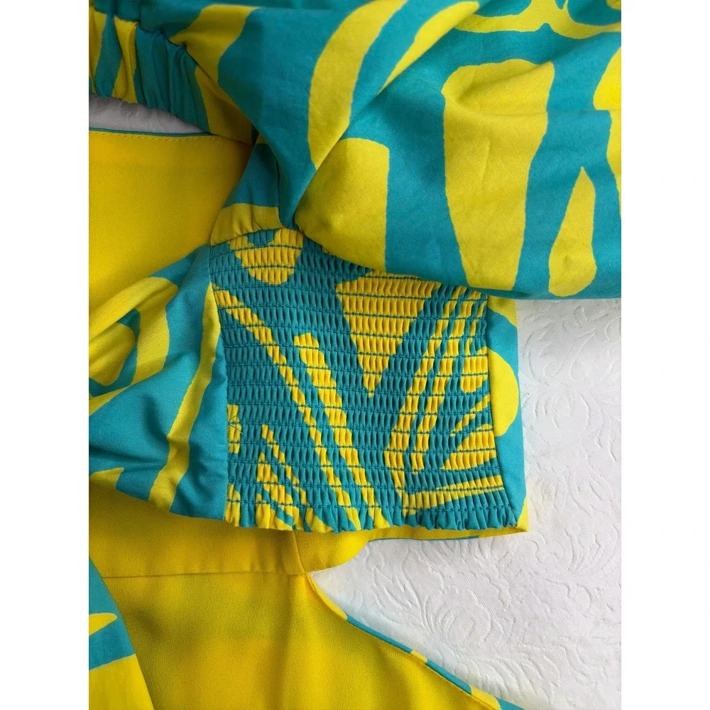 Alexis Bodhi Turquoise Yellow Print Puff Sleeve Cutout Mini Dress Open Back M - Picture 9 of 9